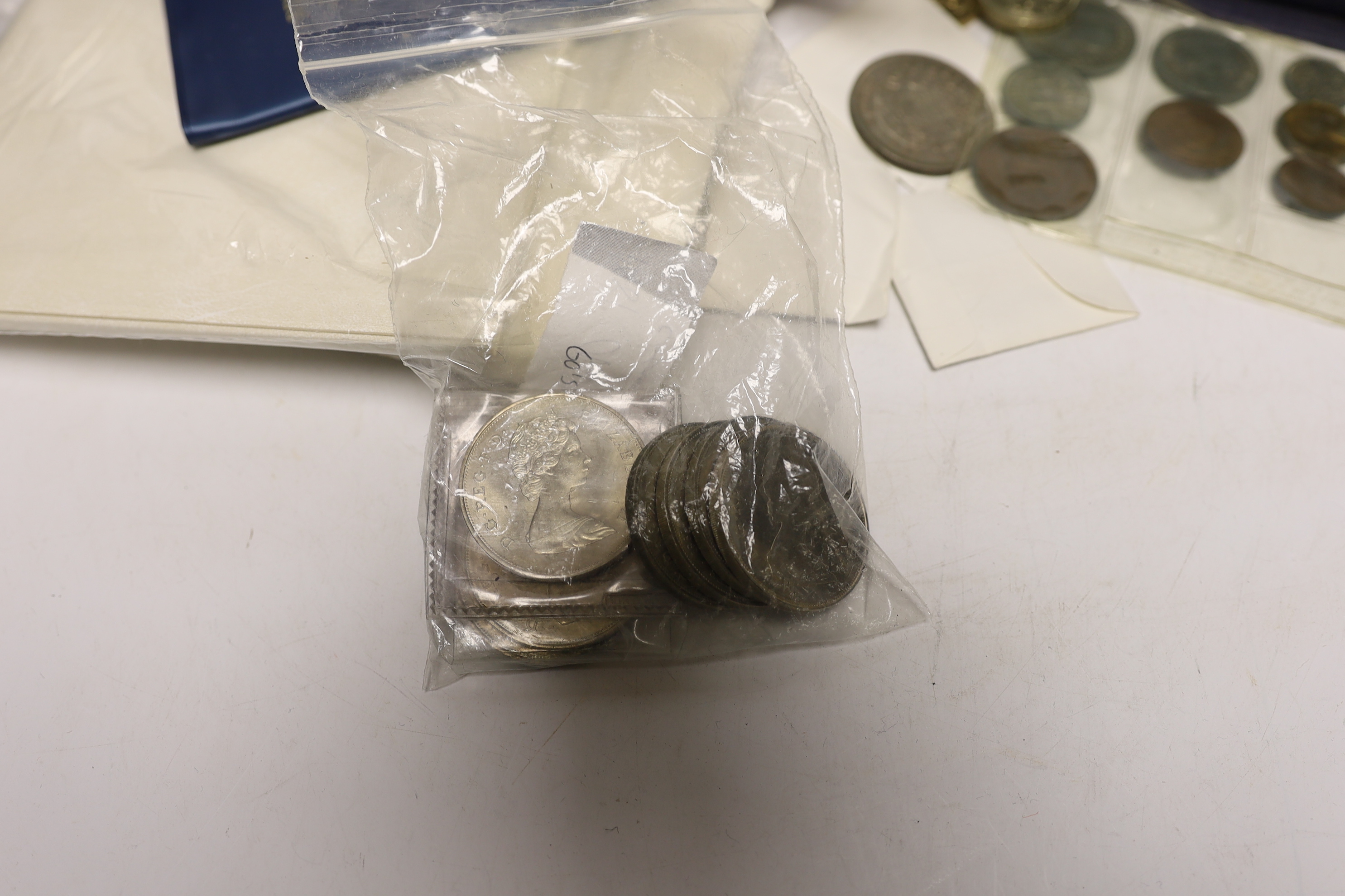 A collection of QEII commemorative crowns, mostly pre-decimal, a 1937 crown, and incomplete composed sets of George V coins, farthing to halfcrown for 1917-1934, varying grades, 1 box